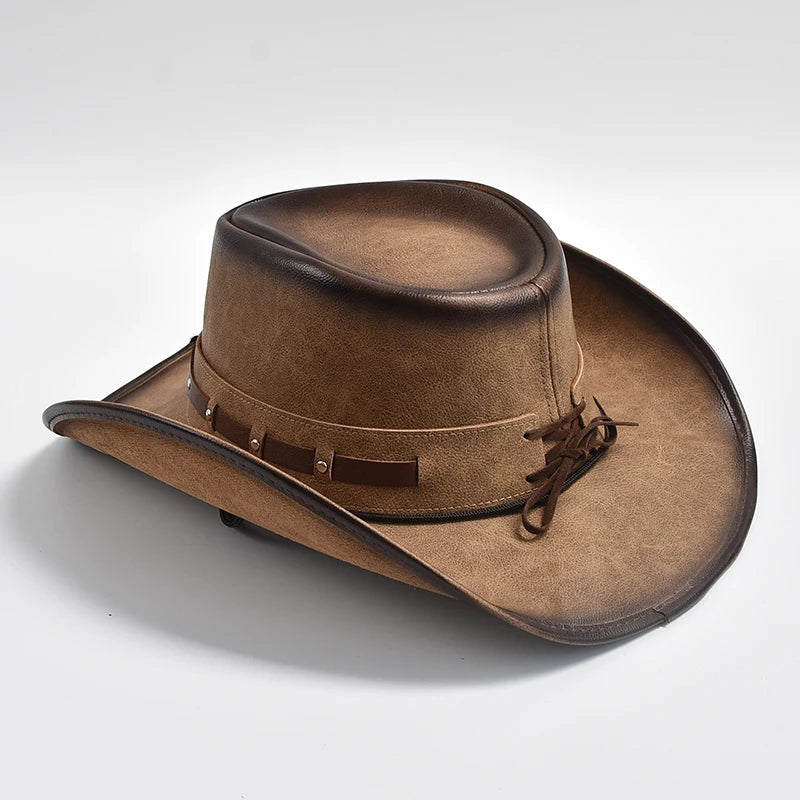 Tan leather wide-brim cowboy hat, side view with braided tie and reinforced brim