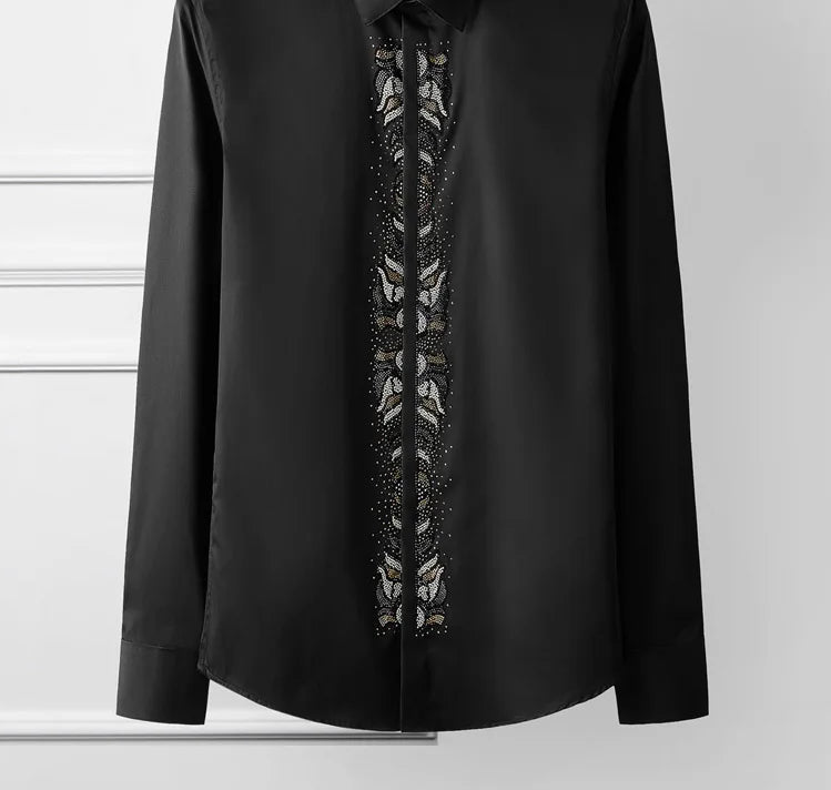 Black and blue slim fit dress shirts with rhinestone vertical fronts on hangers