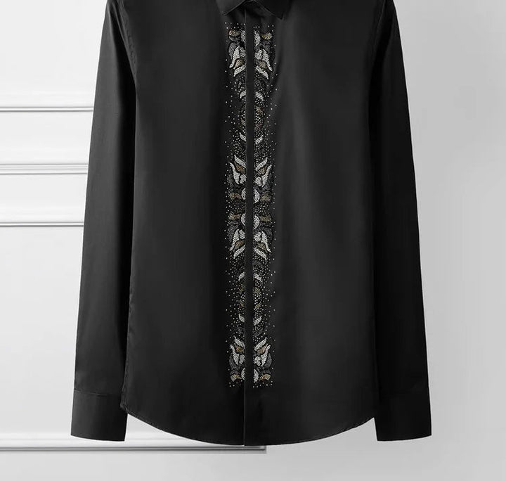 Black and blue slim fit dress shirts with rhinestone vertical fronts on hangers