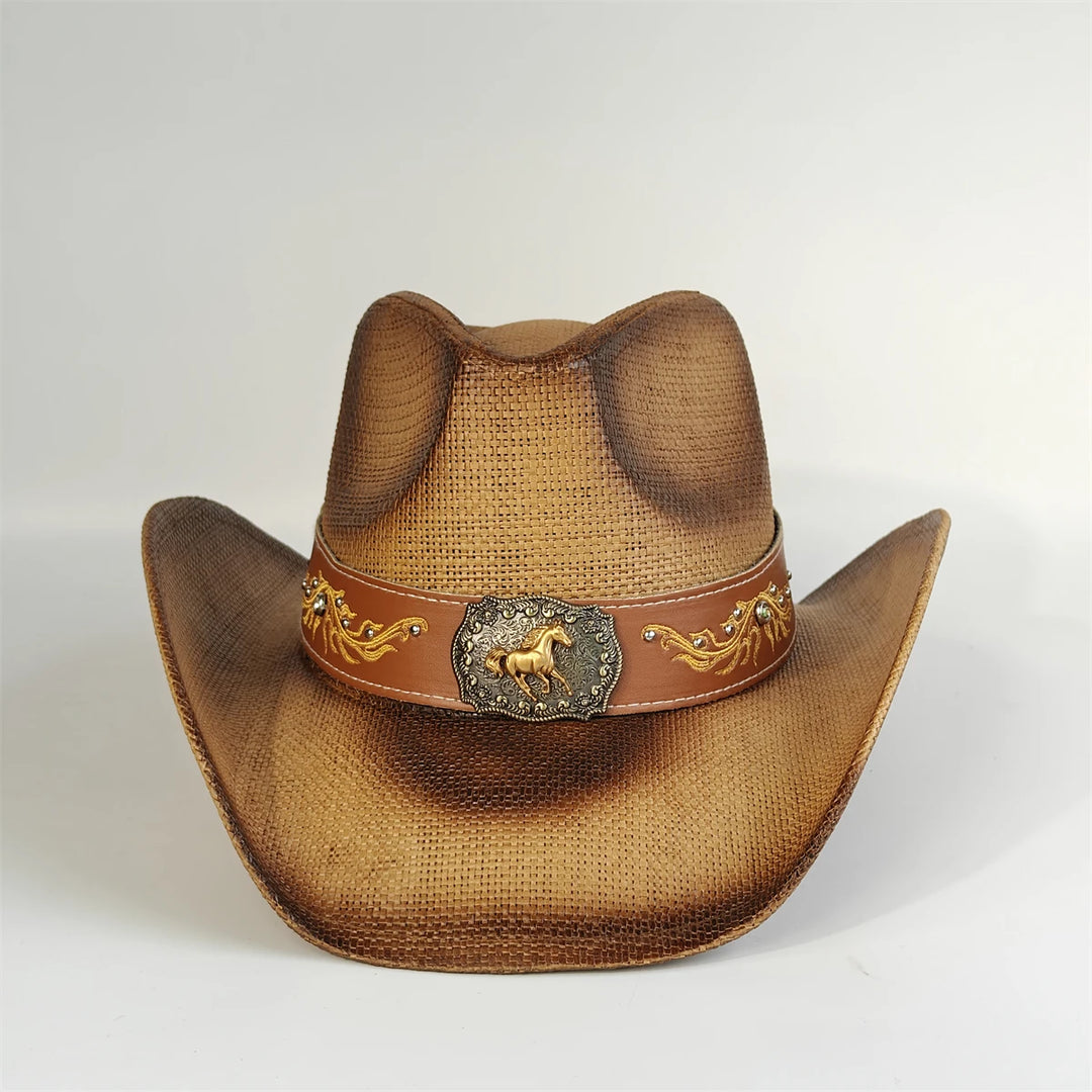 Tan woven cowboy hat with brown band and central bull emblem with gold detailing