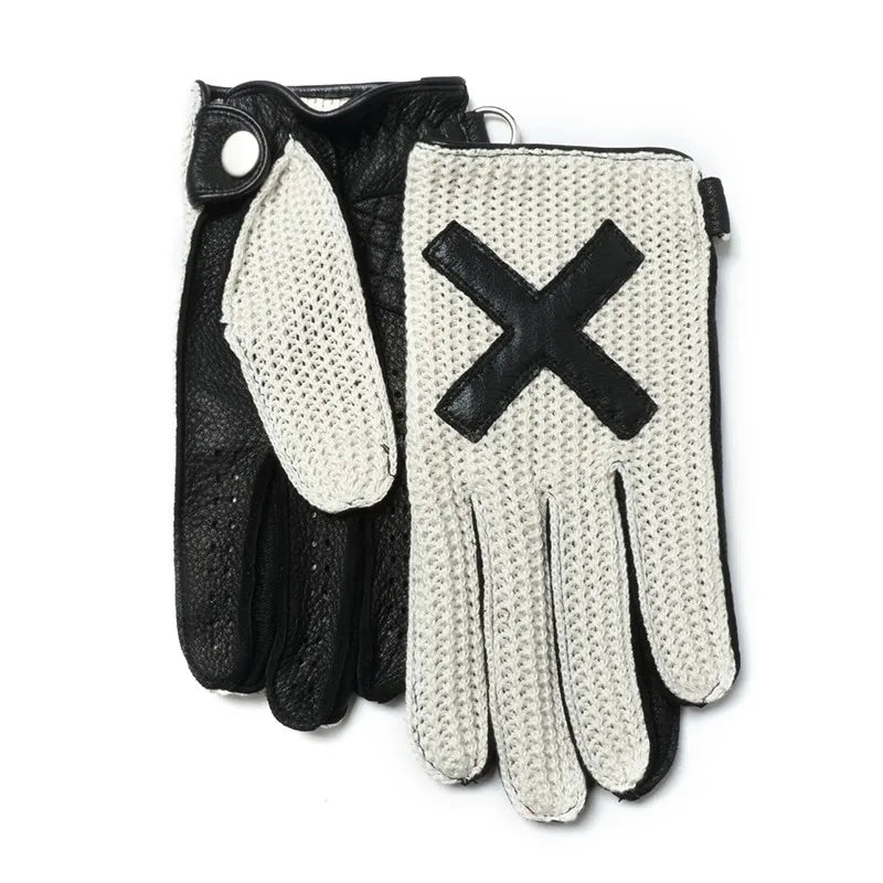 White knitted motorcycle gloves with bold black X patch, leather back, snap cuff rings