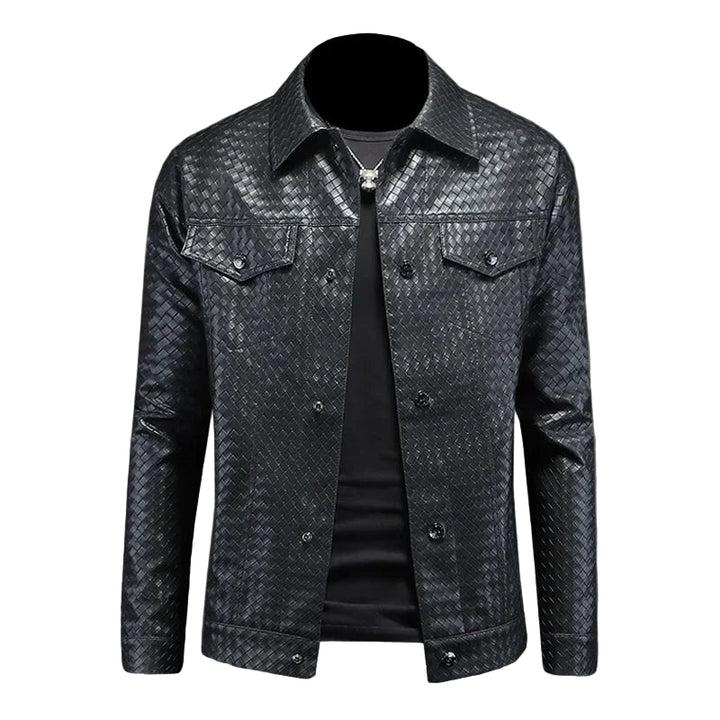 Black textured jacket on a gray background