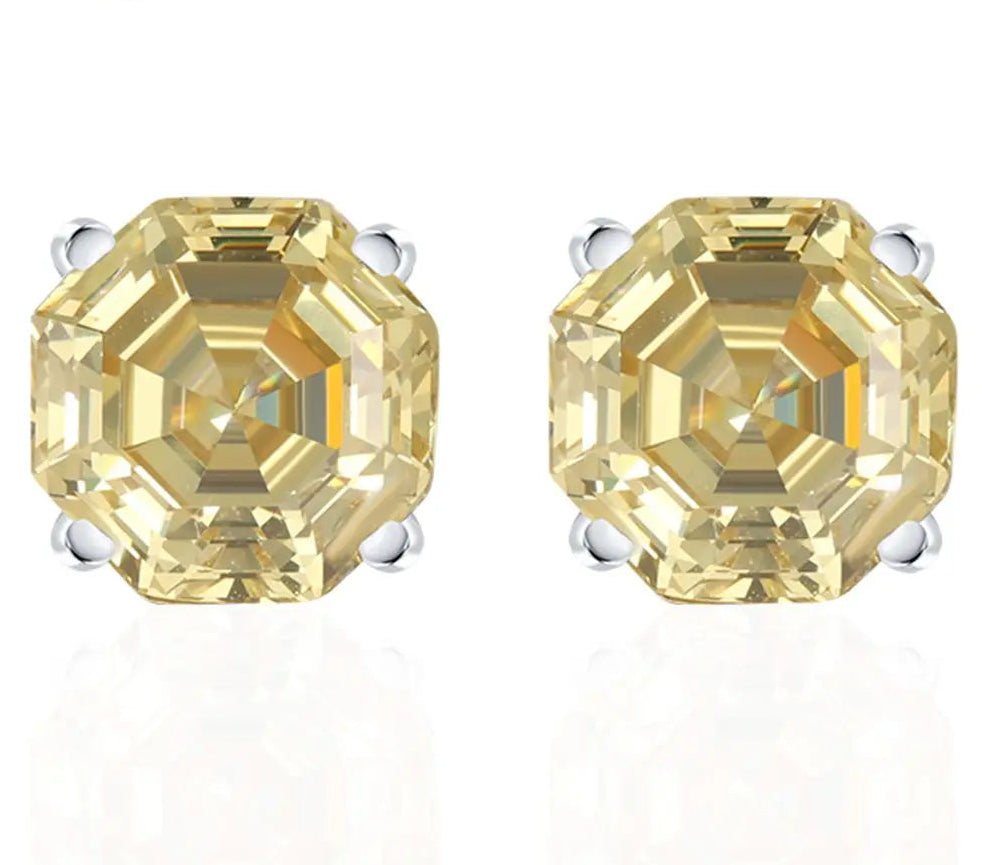 Gold stud earrings with a prominent yellow gemstone on a white background, featuring the brand 'Long Rain'.