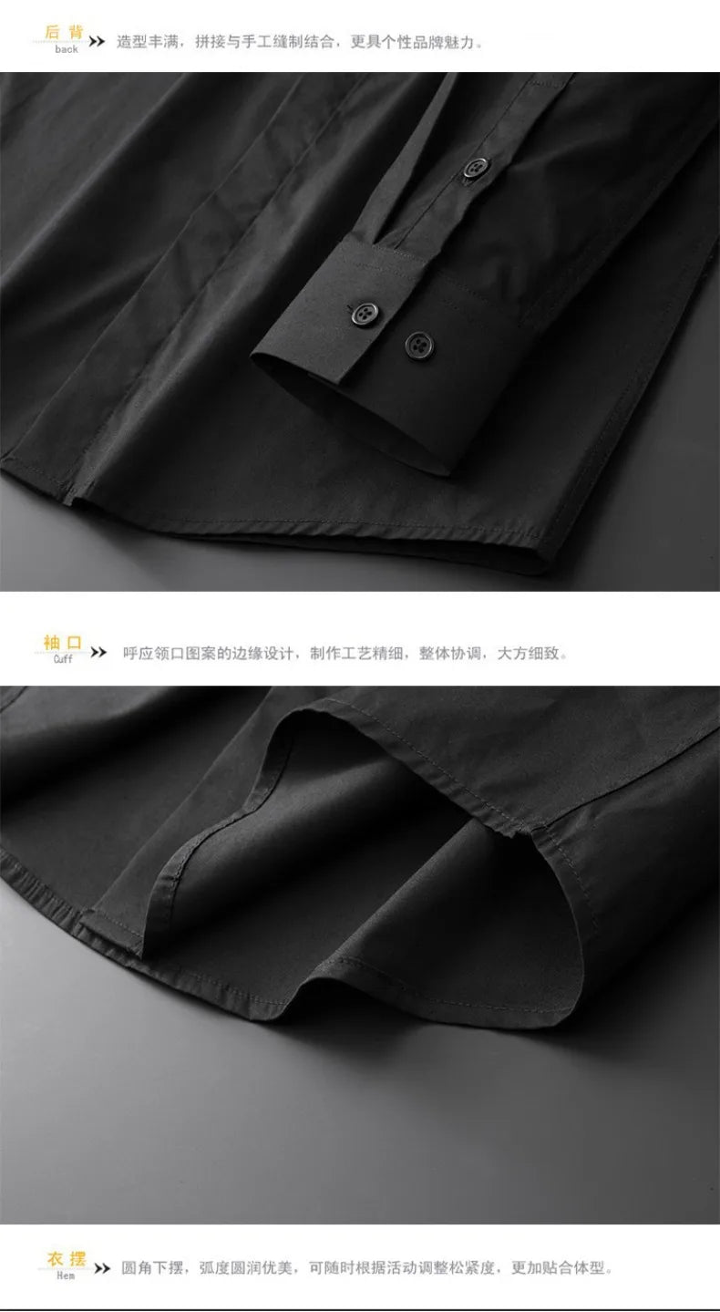 Men’s black dress shirt detail close-up of buttoned placket and folded sleeve cuff