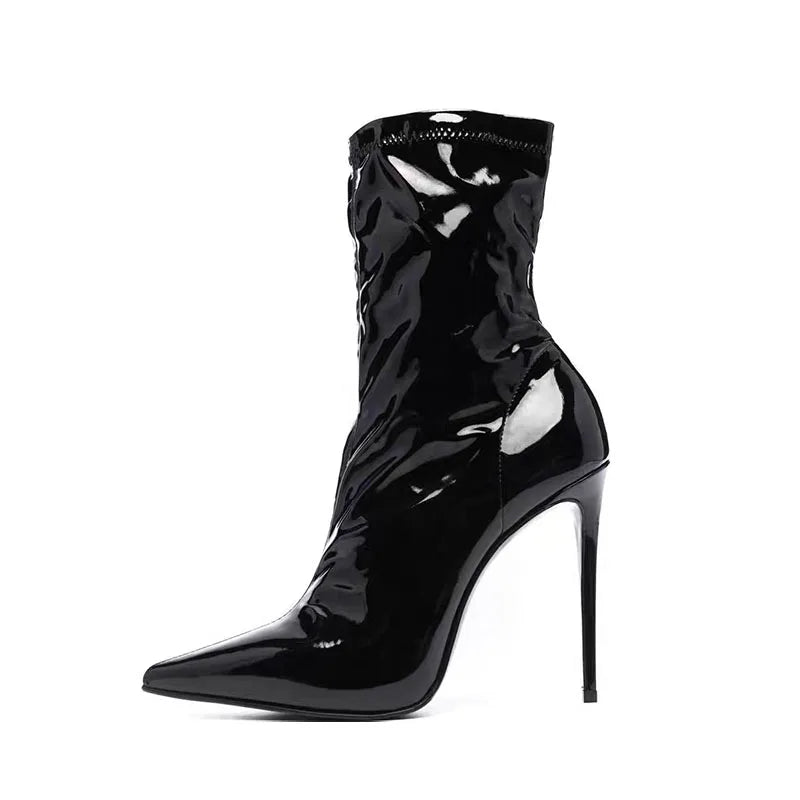 Black patent leather ankle heel boots with pointed toe and slender stiletto heel