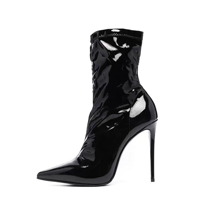 Black patent leather ankle heel boots with pointed toe and slender stiletto heel