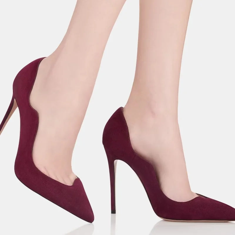 Women’s high heel pumps, pointed toe, burgundy leather with slim metal heel