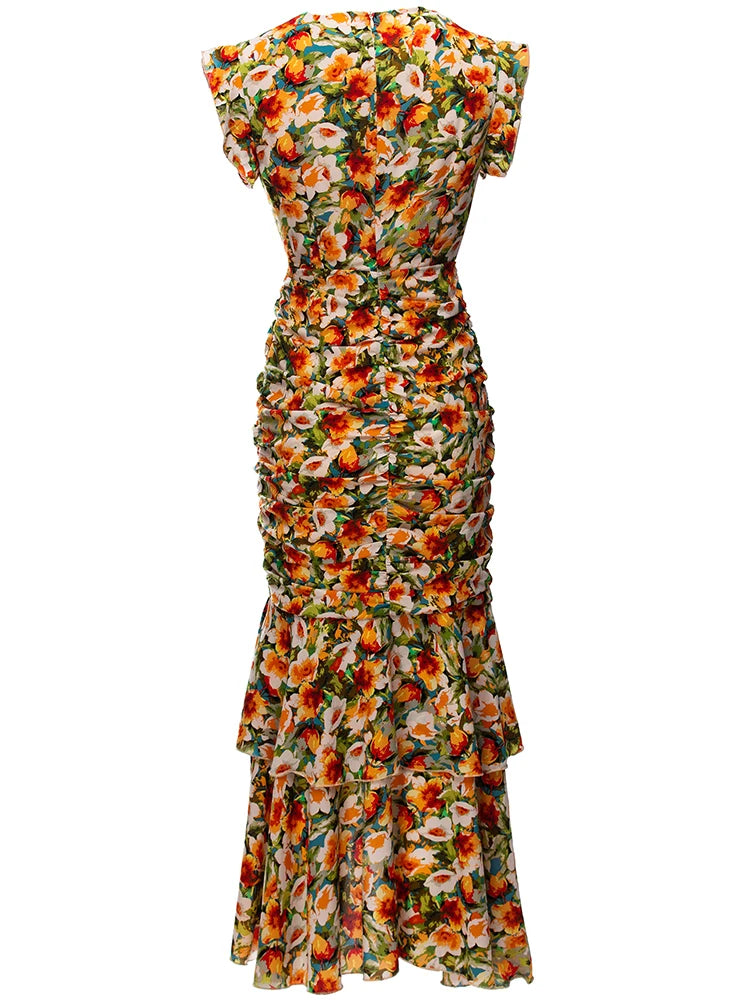 Draped Flower Print Formal Dress