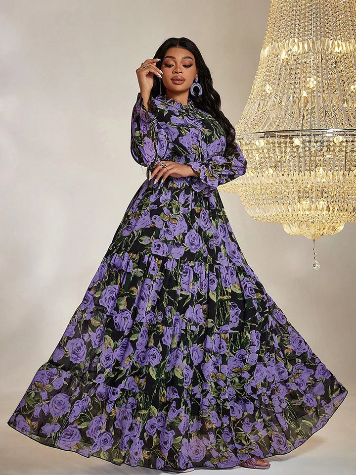 Vintage Print Plus Size Chiffon Maxi Dress