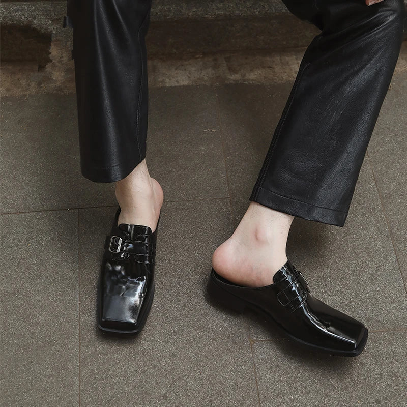 Shining Leather Square Toe Mules