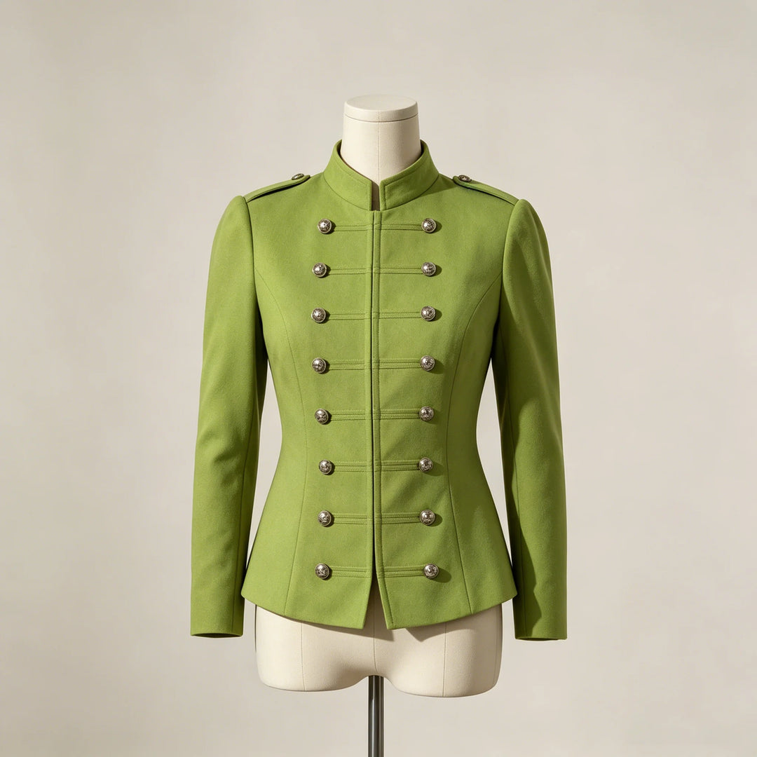 Women’s cropped military jacket in army green with stand collar and gold button front