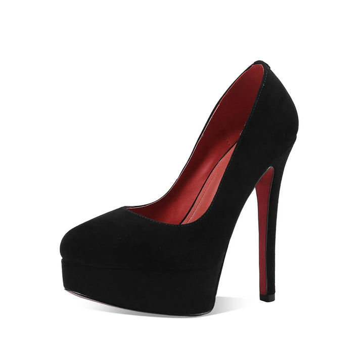 Black suede round-toe heel pumps with red interior, side view