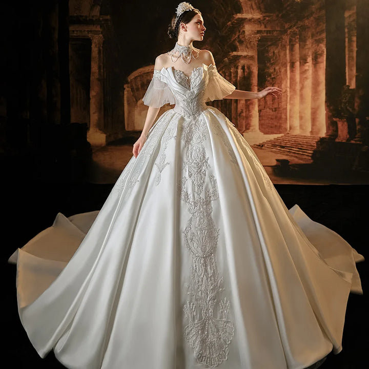 Robe de mariée élégante en satin de luxe Jancember 2024, manches courtes, col bateau, broderie, lacets, nœud, robe de mariée LSMX016