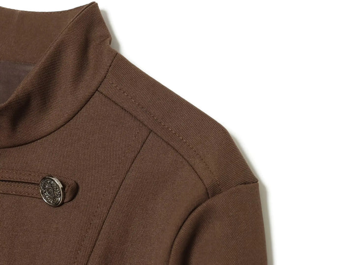 Brown high-neck blazer shoulder with seam stitching and round silver button detail
