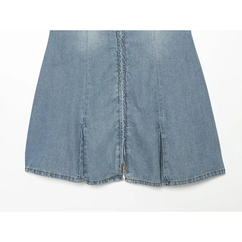 Light blue denim mini dress hem with front button placket and pleated skirt panels