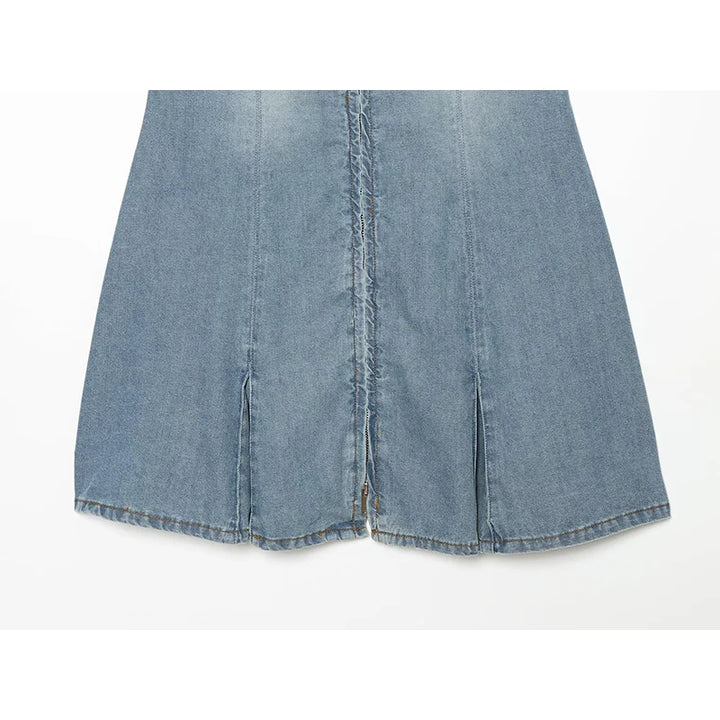 Light blue denim mini dress hem with front button placket and pleated skirt panels