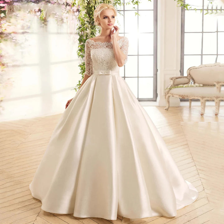 Modern Satin Boat Neck Bridal Gown