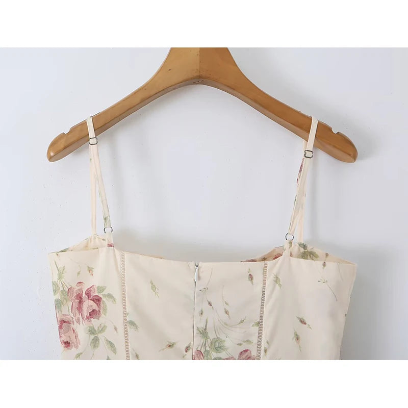Cream floral maxi dress back bodice with spaghetti straps and center seam