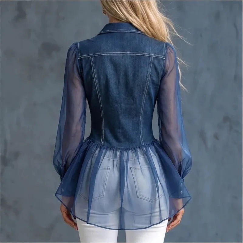 Blue denim patchwork blouse back view with button closure and gathered peplum