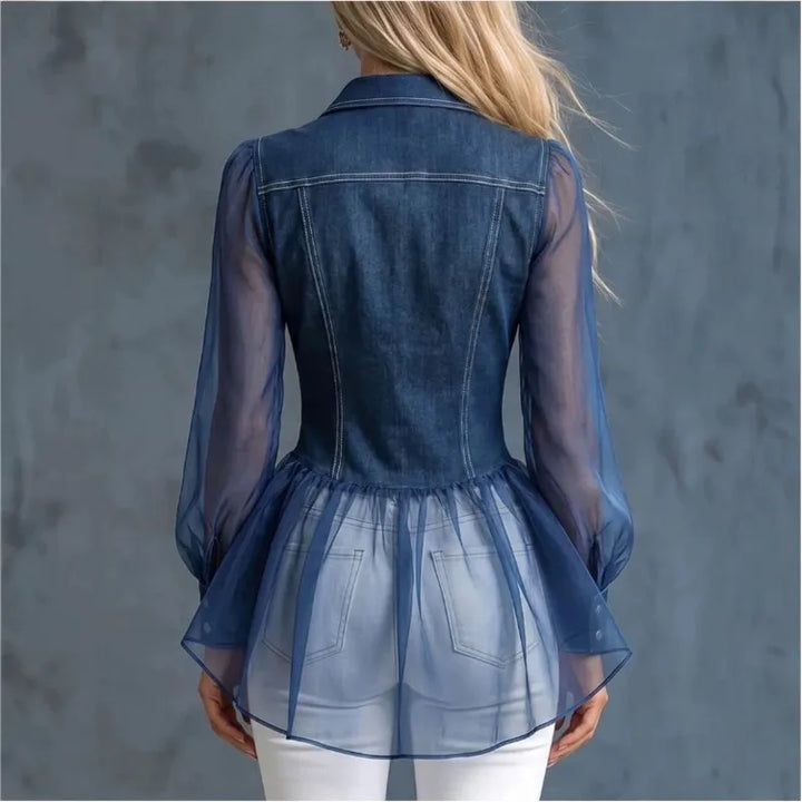 Blue denim patchwork blouse back view with button closure and gathered peplum