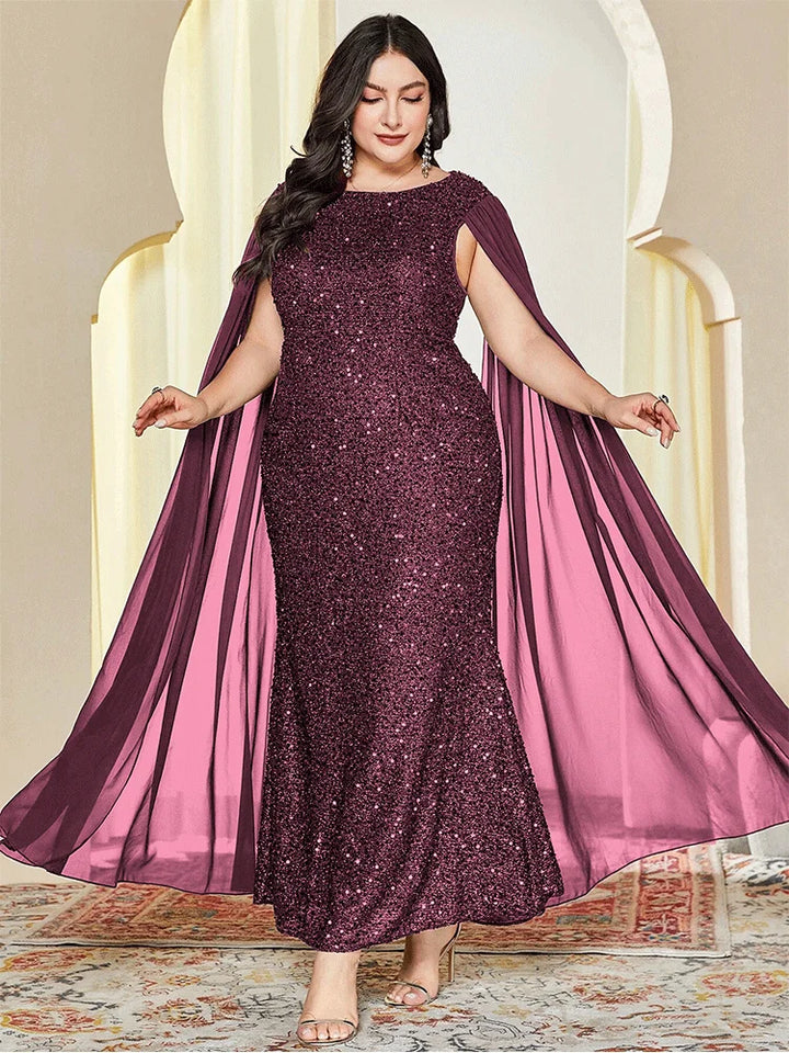 Cape Sequined Plus Size Women's Party Gown