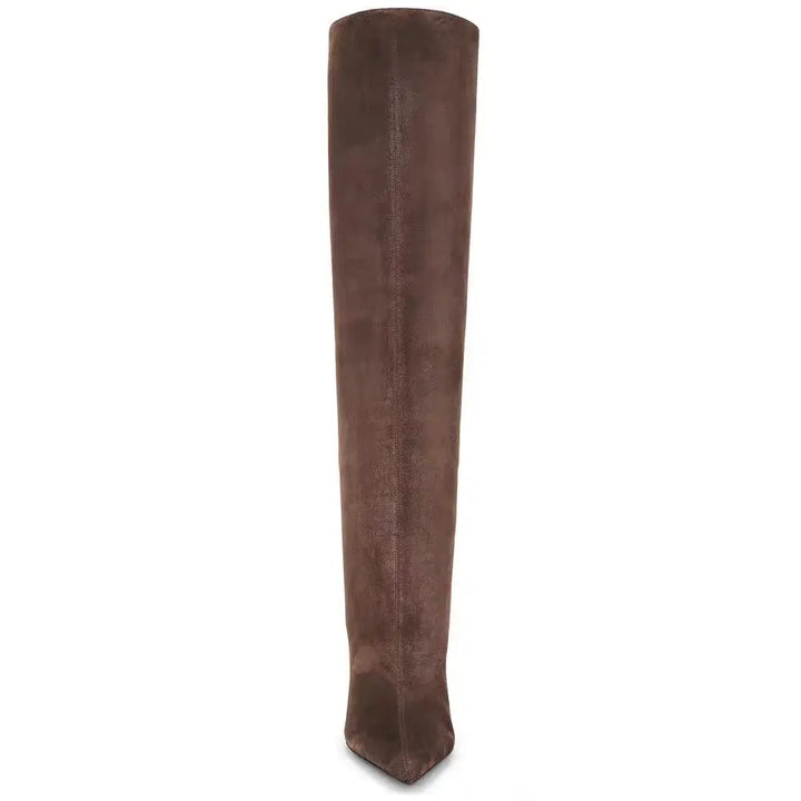Brown faux suede knee-high boots with tall shaft and slim pointed toe
