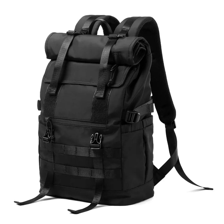 Black roll-top travel rucksack with front buckle straps and adjustable shoulder straps