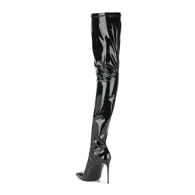 Women’s skinny heel boots, tall black patent leather with stiletto heel and pointed toe