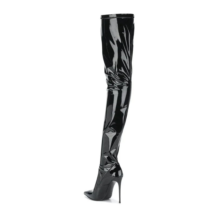 Women’s skinny heel boots, tall black patent leather with stiletto heel and pointed toe