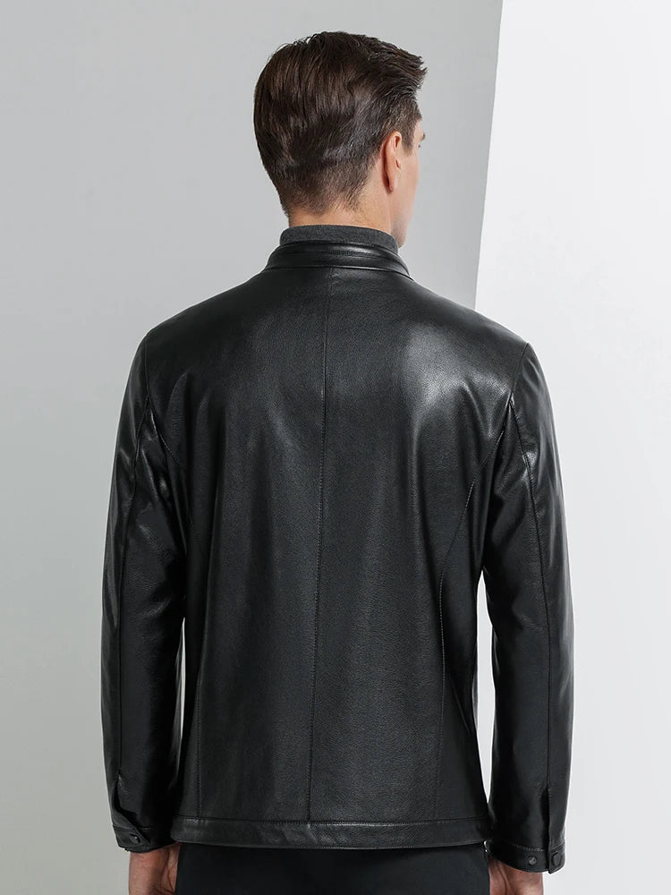 Black leather casual jacket back view with stand collar and seam details