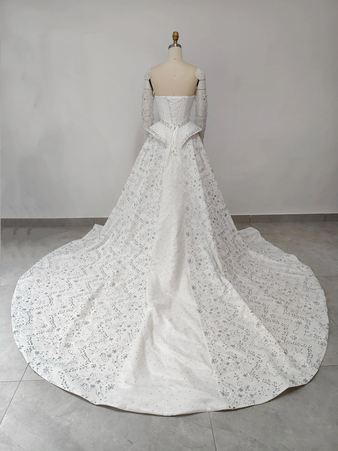 Sleek Beaded Tiered Chapel Train Bridal Couture