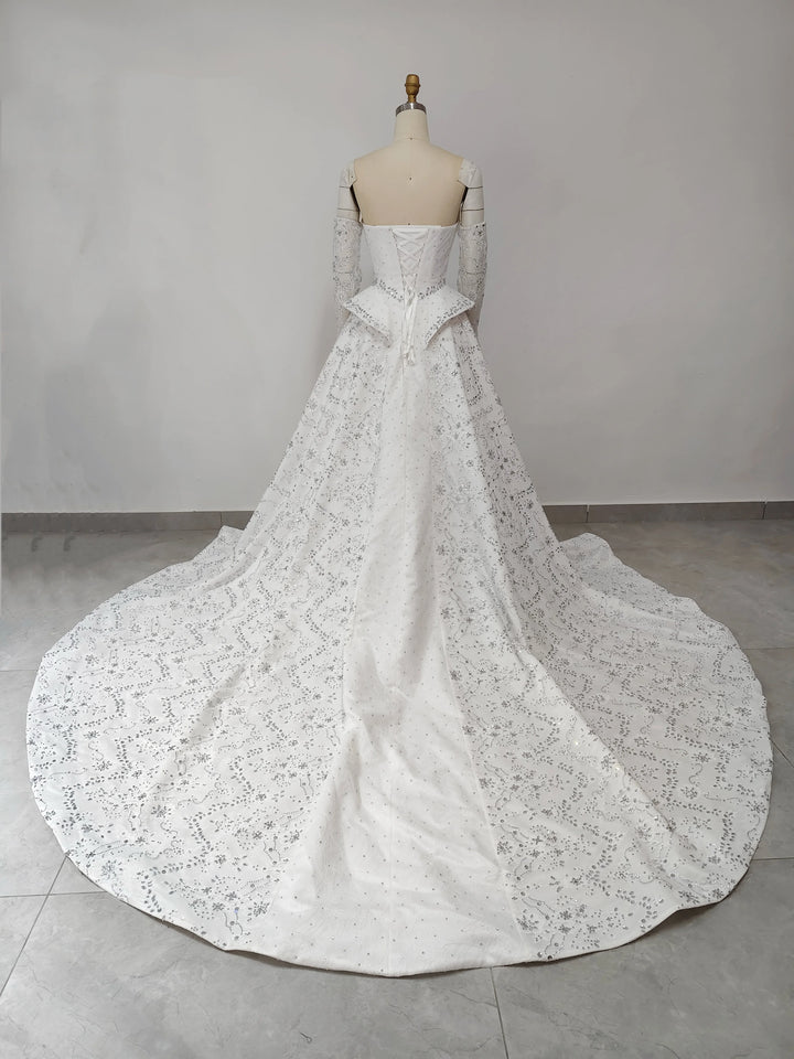 Sleek Beaded Tiered Chapel Train Bridal Couture
