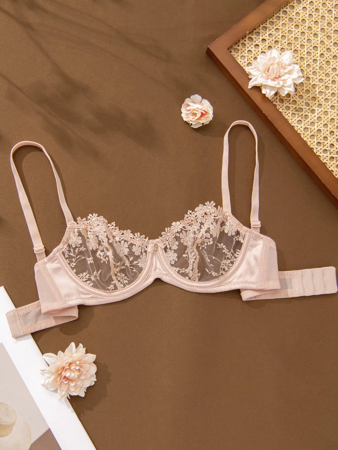 Blush nude sheer lace embroidered women&