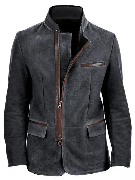 Dark gray velvet zip-up jacket with high collar, front zipper, and flap pockets