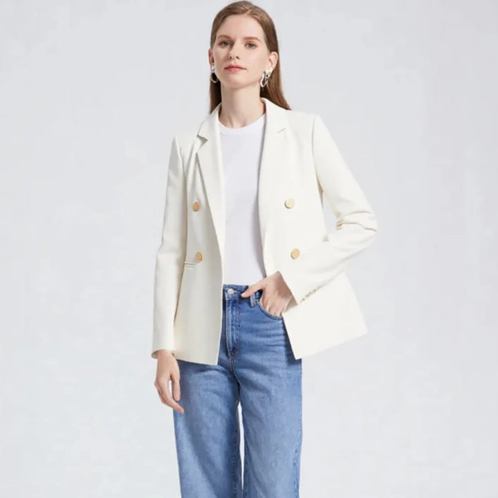 White women’s blazer with turn-down collar and gold button front, long sleeves