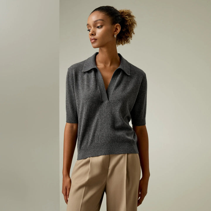 Ribbed Trims Cashmere Polo Sweater