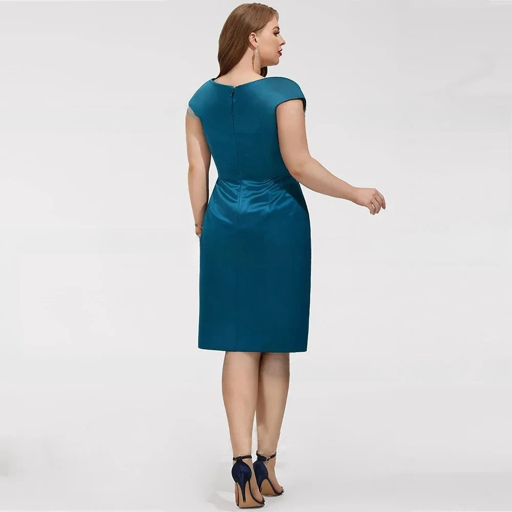 Teal satin plus size formal dress, cap sleeves, back view