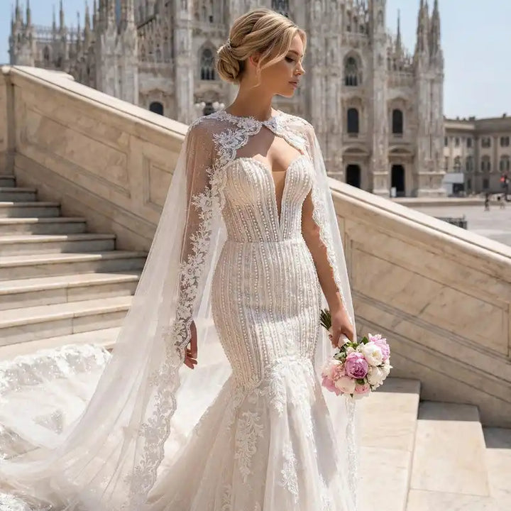 Back-view ivory glitter tulle bridal cape with lace appliques and flowing drape