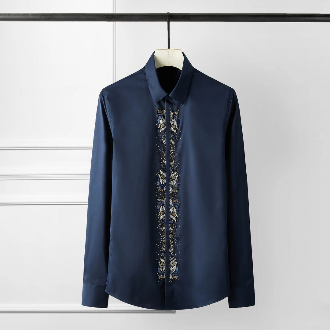 Blue slim-fit dress shirt with rhinestone-embellished center front panel