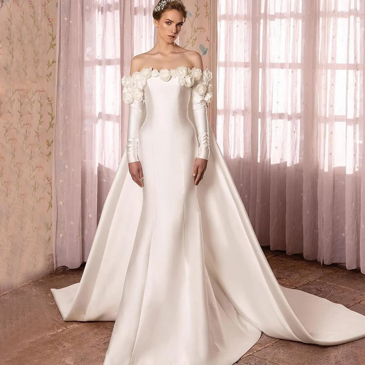 Charming 3D Flower Long Sleeve Bridal Dress