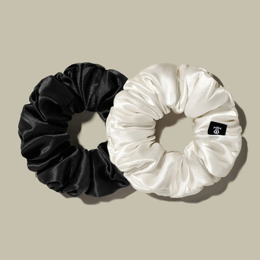 Black and white satin scrunchie ponytail hair bands with gathered elastic