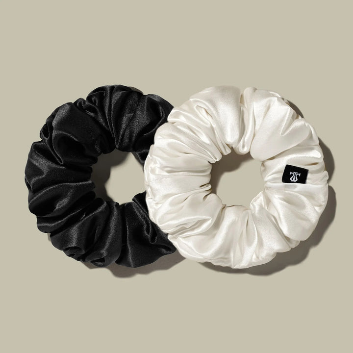 Black and white satin scrunchie ponytail hair bands with gathered elastic
