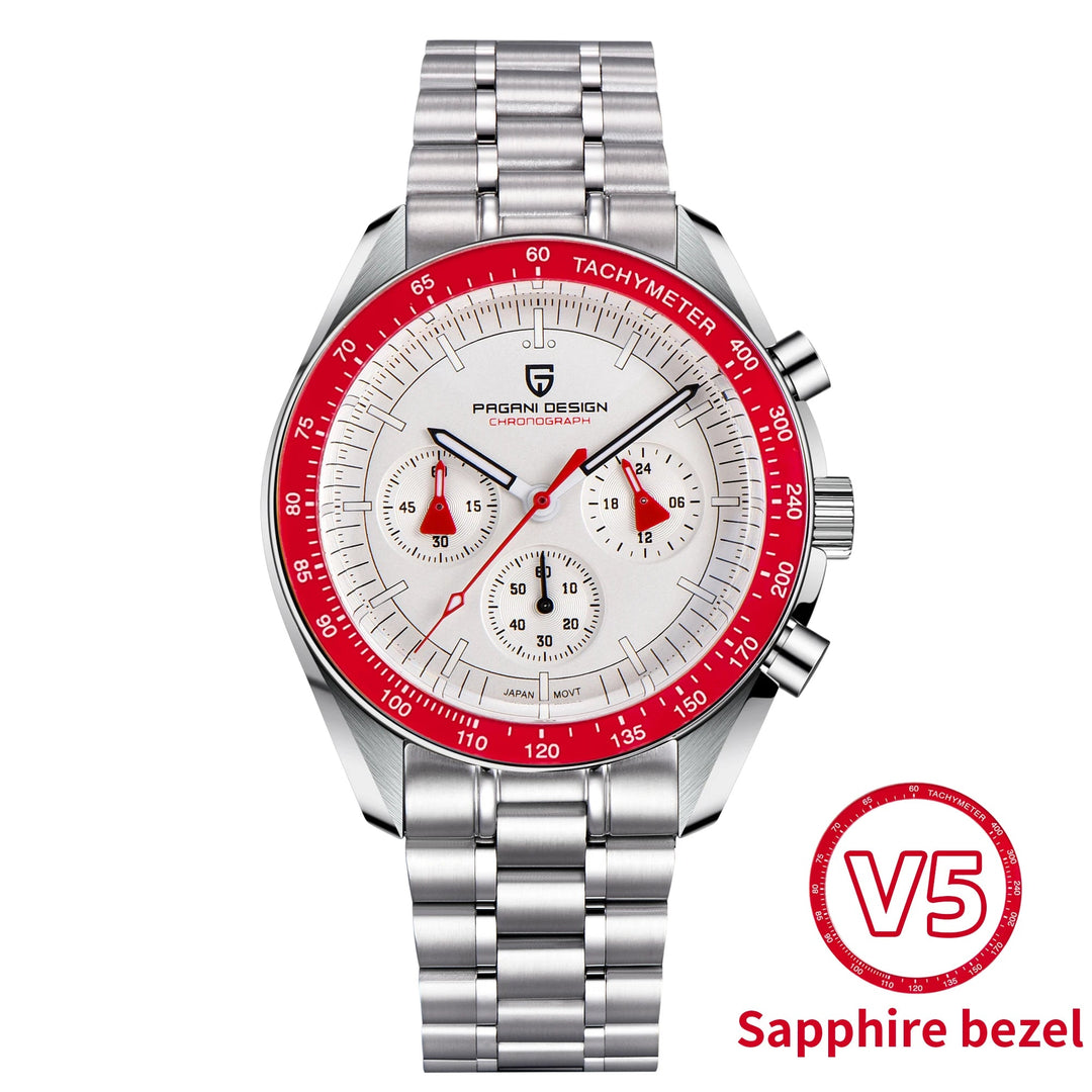 Pagani Design watch with red bezel and silver band on a white background