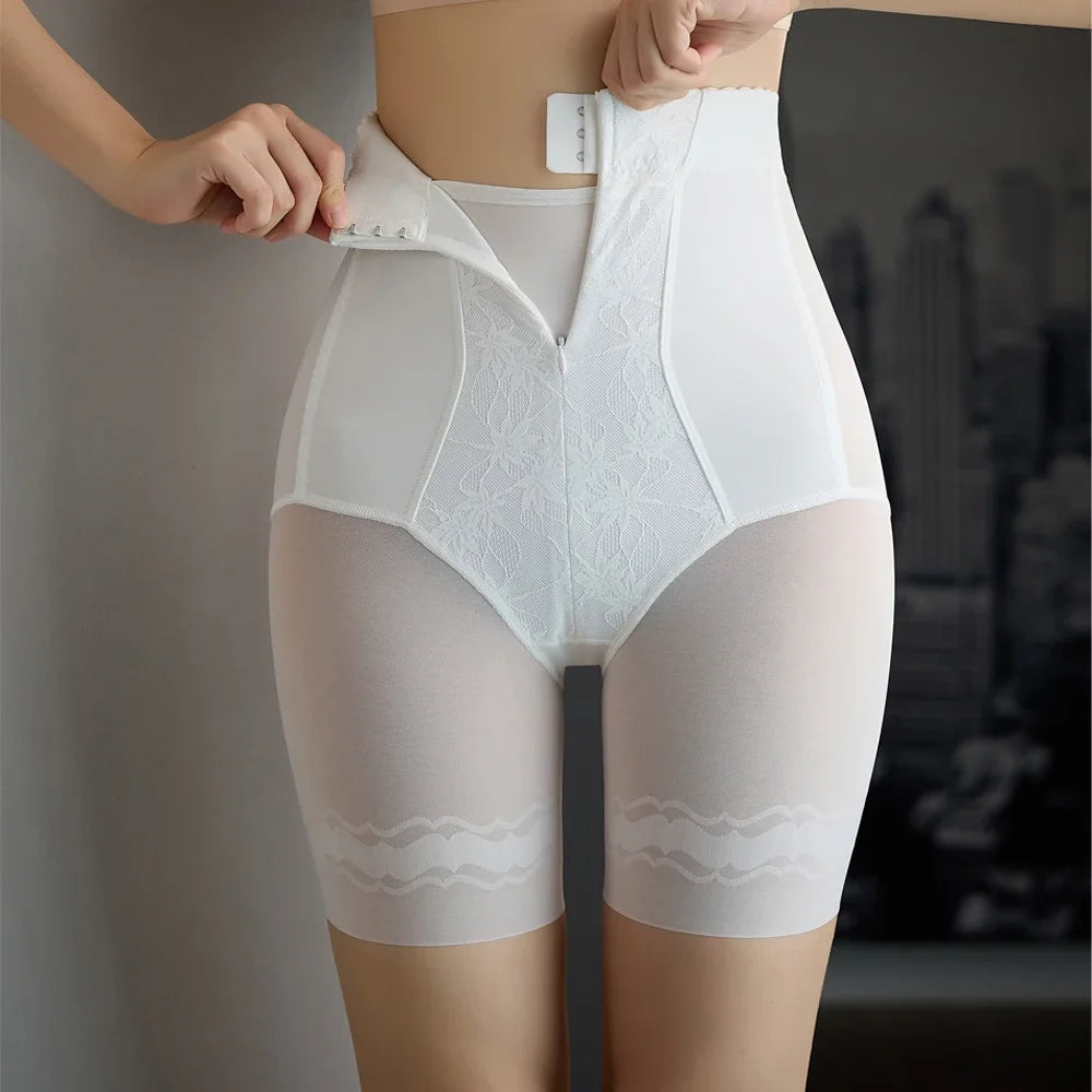 White high-waist compression shorts with lace detail and front clasp