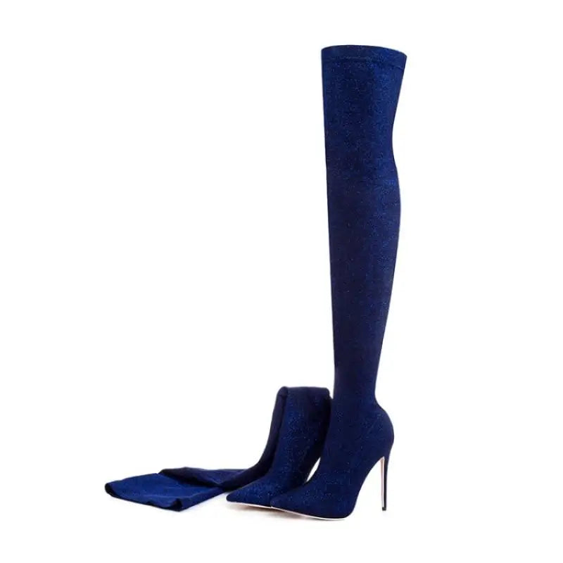 Thigh-high stretch fabric boots in blue with slim high heel