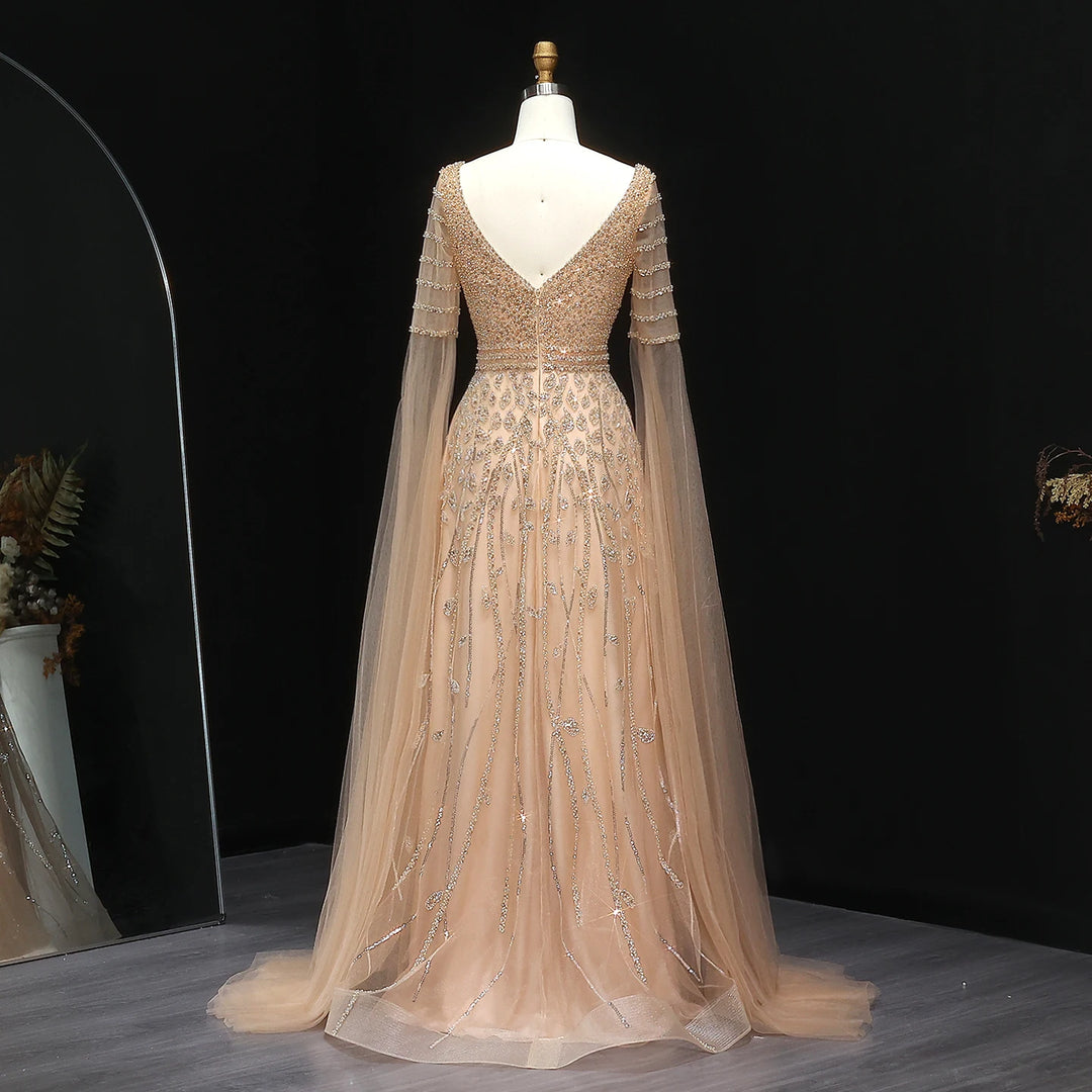 Regal Beaded Cape Sleeves Evening Dress