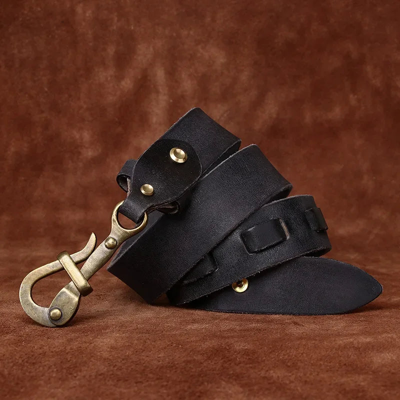 Black distressed leather men’s belt with brass buckle and metal keeper loops