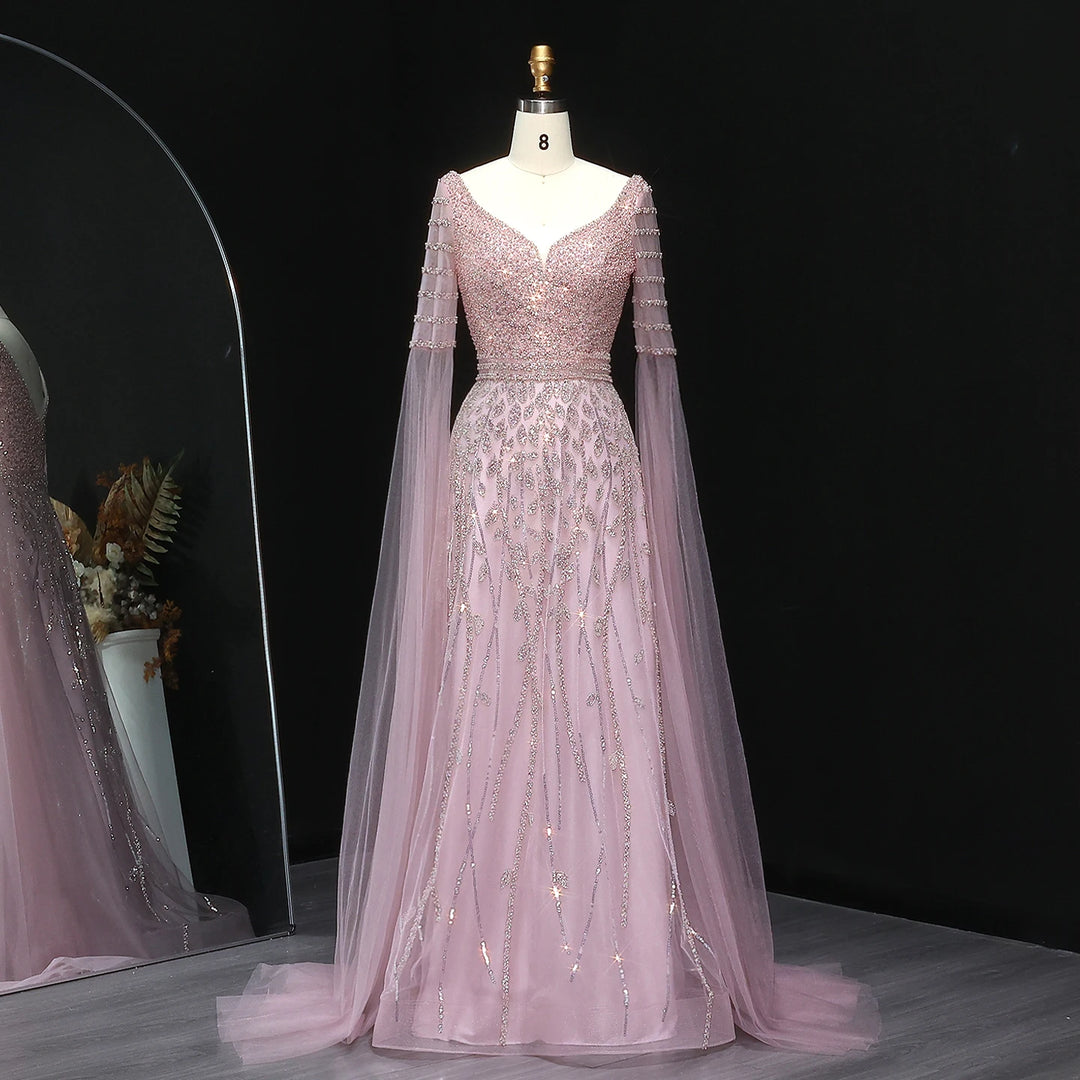 Regal Beaded Cape Sleeves Evening Dress