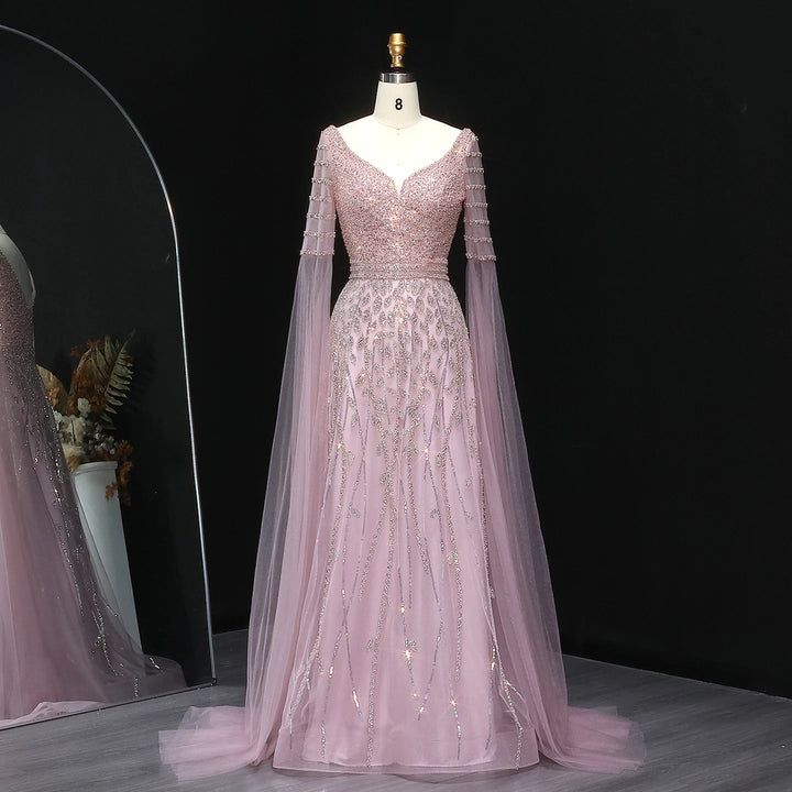 Regal Beaded Cape Sleeves Evening Dress
