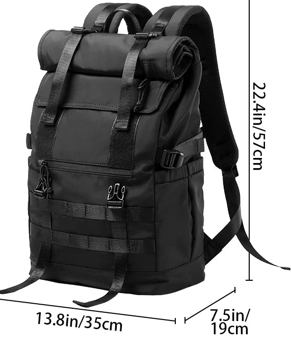 Black roll-top travel rucksack with padded straps, holds 17in laptop, hidden back pocket